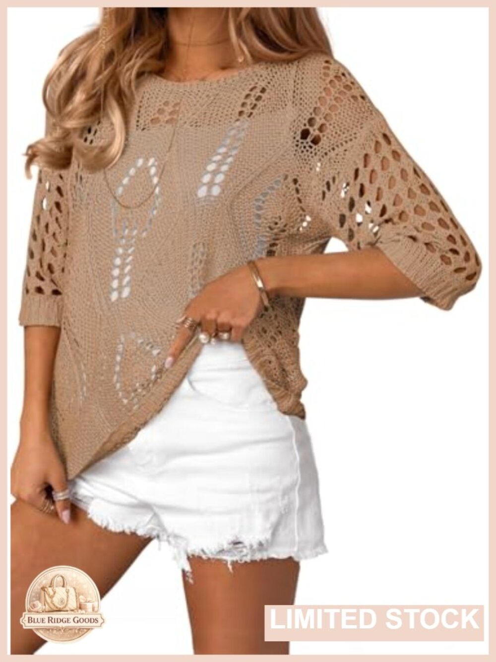 Crochet Hollow Out 3/4 Sleeve Pullover Sweater Off Shoulder Cover Up